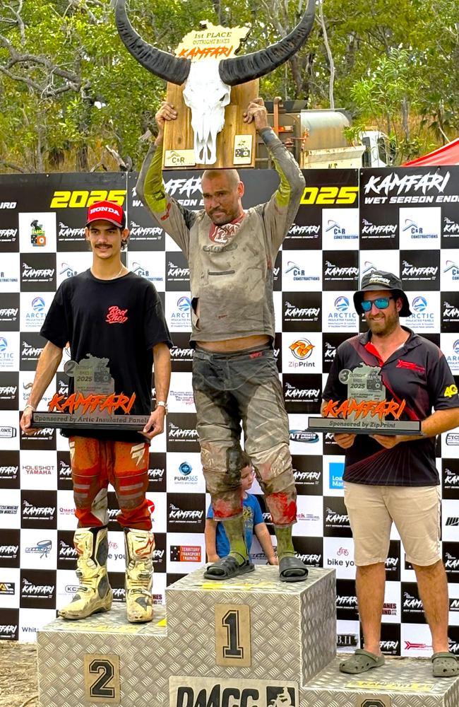 Kamfari 2025 Bikes podium. L-R: (2nd) Tyrone Marcus, (1st) Daniel McInnes, (3rd) William Thurlbeck. Picture: Darcy Jennings