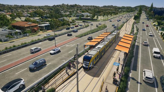 Artist impression of Gold Coast Light Rail Stage 4 between Tugun and Coolangatta, including Gold Coast Airport and the NSW border. Picture: Department of Transport and Main Roads.