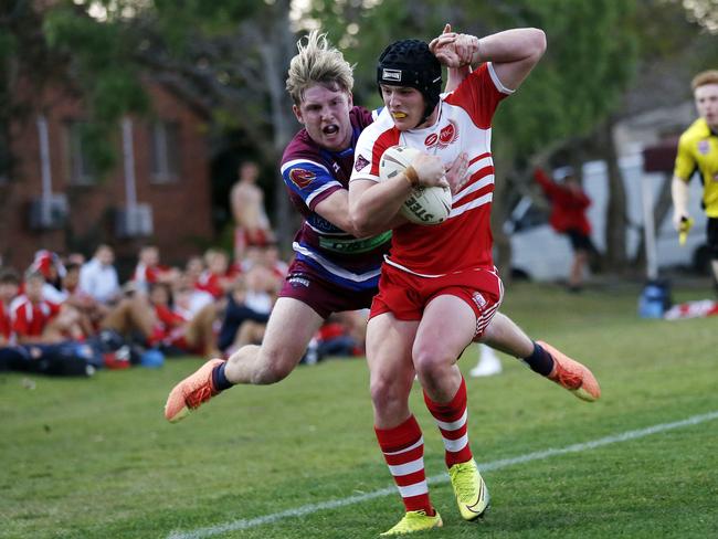 Jack Smith from Palm Beach and Corey Thomas from Wavell pictured in action during the Langer Cup schoolboys rugby league match between Wavell SHS and Palm Beach Currumbin, Brisbane 5th of August 2020.  (Image/Josh Woning)