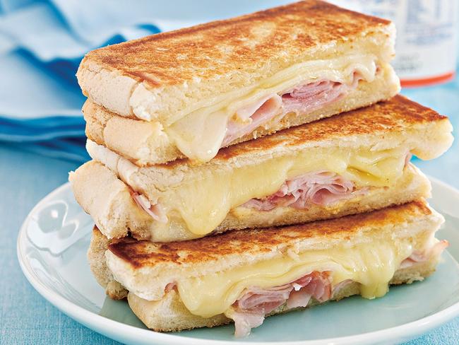 Pan-toasted ham and cheese toastie.