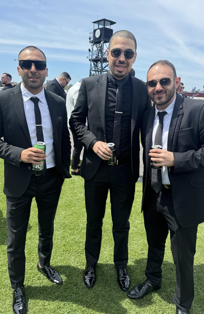 Sam Chehade, Louie Sleiman and Abraham Dayoub at Flemington for Derby Day on November 2, 2024. Picture: Phillippa Butt