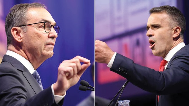 Premier Steven Marshall, left and Opposition Leader Peter Malinouskas during the SA Press Club debate at the Hilton Hotel in Adelaide. Pictures: NCA NewsWire / David Mariuz