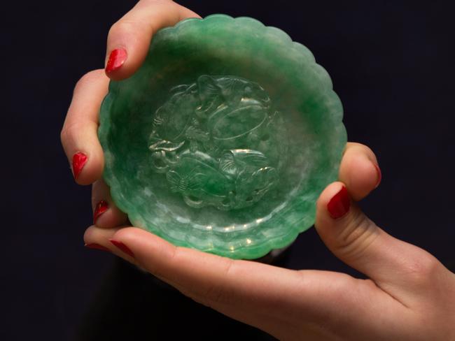 An “exceptional apple-green jadeite chrysanthemum washer” on display at Bonhams auction house in London on May 10, 2016. Picture: Carl Court/Getty Images