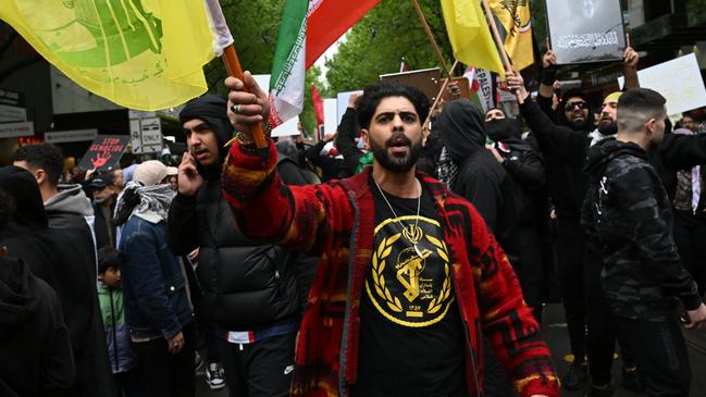 Arashi Rahbari at a pro-Palestine rally for Gaza and Lebanon in Melbourne on Sunday. Picture: AAP