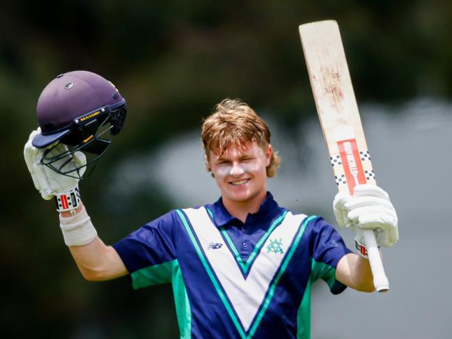 Oliver Peake raises the bat after a hundred against Tasmania. Picture: Dylan Burns.