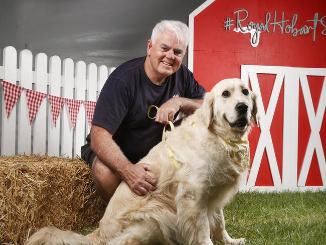 Scott Gadd CEO Royal Agricultural Society of Tasmania with Wilby the golden retriever who is the pet parade ambassador for 2024.  Royal Hobart Show preview.  Picture: Nikki Davis-Jones