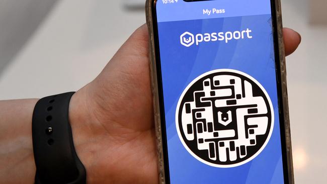 British health technology company Heliix’s digital vaccine passport is a mobile app that uses an encrypted code to show the results of a recent COVID-19 test or vaccination using secure technology. Picture: Ethan Miller/Getty Images/AFP