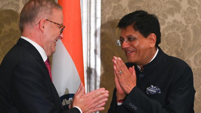 Anthony Albanese, left, and Indian Minister of Commerce and Industry Piyush Goyal greet each other in Mumbai on Thursday. Picture: AFP