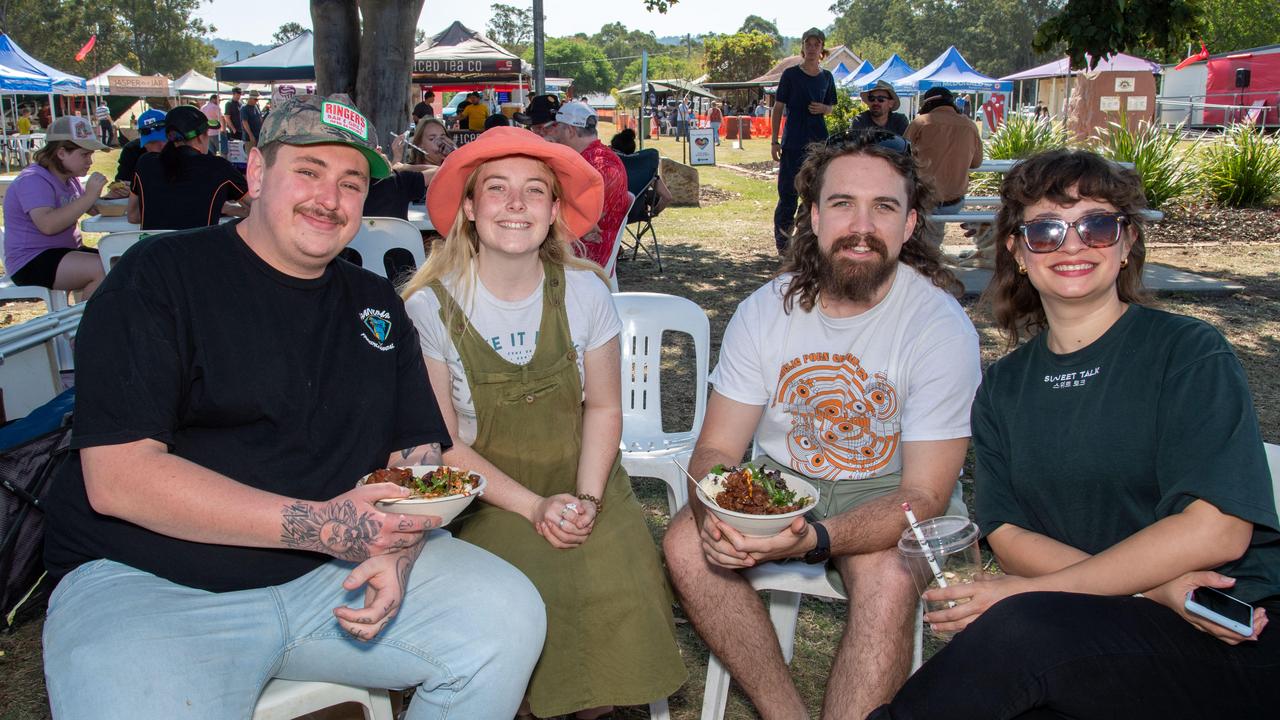 (From left) Matthew Dowsett, Amy Kendall, Thomas Bach and Barbara Coppo at the Murphys Creek Chilli and Craft carnival. Sunday, September 22, 2024. Picture: Nev Madsen