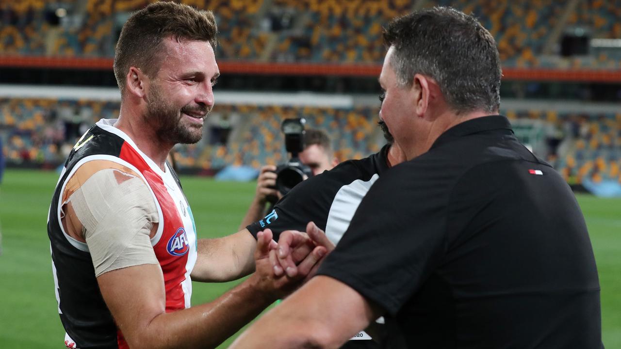 St Kilda captain Jarryn Geary and coach Brett Ratten celebrate last year’s elimination final win. Picture: Michael Klein