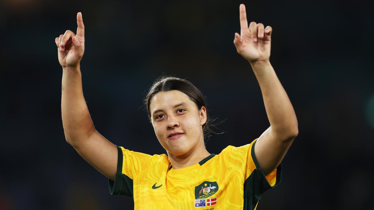 Sam Kerr celebrates Australia’s win over Denmark. Picture: Getty Images