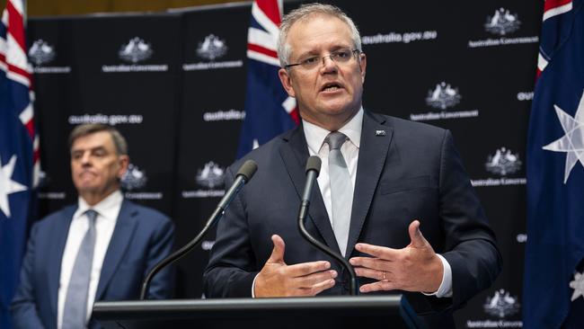 Prime Minister Scott Morrison during Friday’s press conference speaks at Parliament House in Canberra. Picture: Getty Images