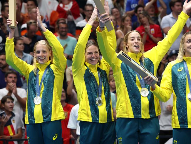 NCA. PARIS FRANCE 2024 OLYMPIC GAMES. August 10 - Day 14 Australia celebrate after winning Silver in the  the Water Polo Gold Medal game,  Australia V Spain at Paris La Defense Arena. Pics Adam Head