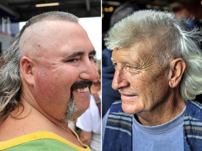 Participants are seen during Mulletfest, a special event designed to celebrate the hairstyle that?s all about business at the front, party at the back, at Chelmsford Hotel in Kurri Kurri, NSW, Saturday, February 23, 2019. (AAP Image/Perry Duffin) NO ARCHIVING