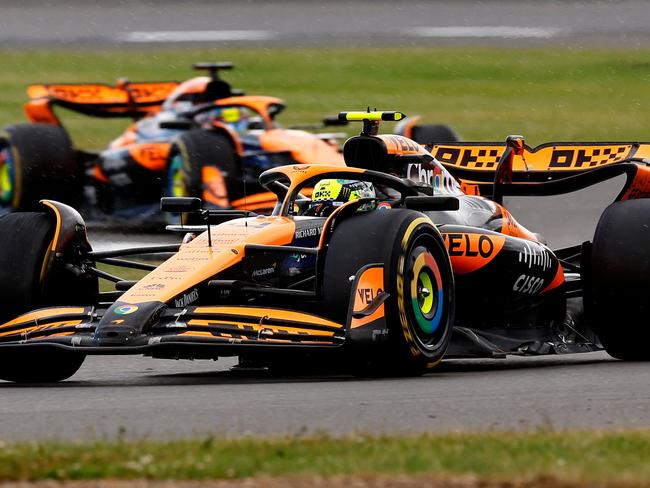 Lando Norris (front) and Oscar Piastri (back) led the British Grand Prix at the 27 lap mark. Picture: Benjamin Cremel/AFP