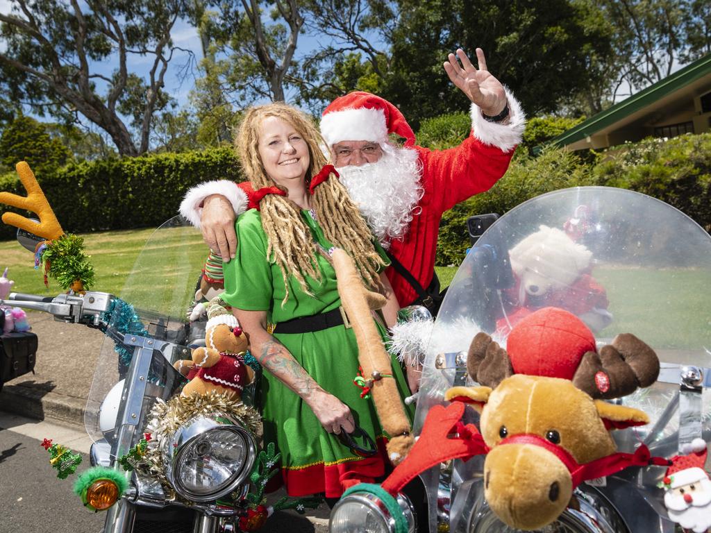 Tracey Page and Martin Davis of CSG Riders dressed to the Christmas theme at the Toowoomba Toy Run hosted by Downs Motorcycle Sporting Club, Sunday, December 18, 2022.