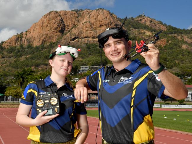 Army cadet drone pilots Ruby Congdon and Bruno Hickey at the Townsville Sports Reserve. Picture: Evan Morgan