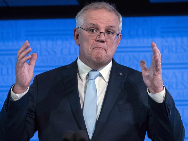 Prime Minister Scott Morrison speaks at the National Press Club in Canberra yesterday. Picture: NCA NewsWire / Gary Ramage