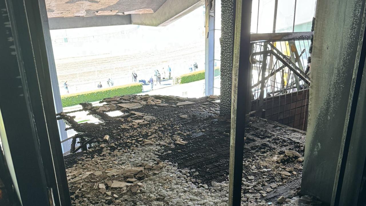 Damage inside the Caulfield racecourse grandstand after a fire on Tuesday morning. Picture: Supplied/John Kanga