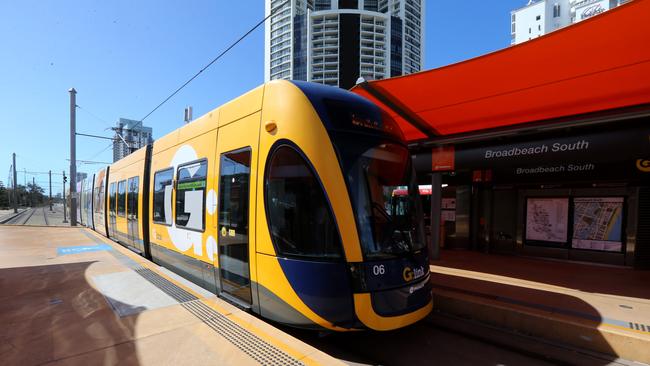 A tram at Broadbeach South station. Picture: Mike Batterham.