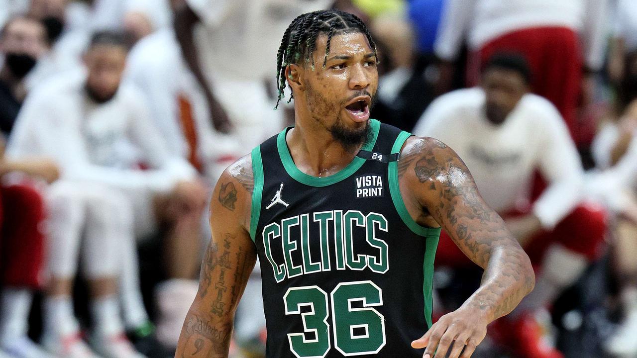 MIAMI, FLORIDA – MAY 25: Marcus Smart #36 of the Boston Celtics reacts against the Miami Heat during the third quarter in Game Five of the 2022 NBA Playoffs Eastern Conference Finals at FTX Arena on May 25, 2022 in Miami, Florida. NOTE TO USER: User expressly acknowledges and agrees that, by downloading and or using this photograph, User is consenting to the terms and conditions of the Getty Images License Agreement. Andy Lyons/Getty Images/AFP == FOR NEWSPAPERS, INTERNET, TELCOS &amp; TELEVISION USE ONLY ==