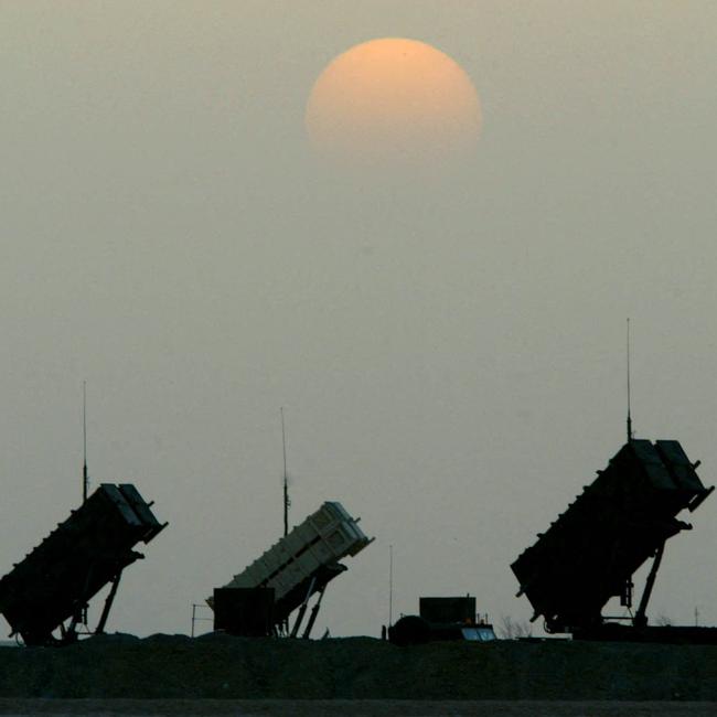 US Patriot Missile batteries at a forward coalition air base in the southern Desert of Iraq.