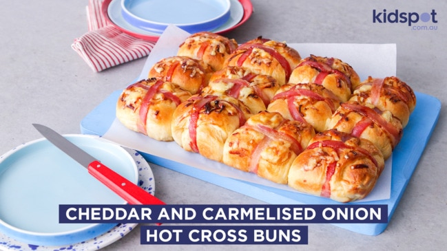 Cheddar and caramelised onion hot cross buns