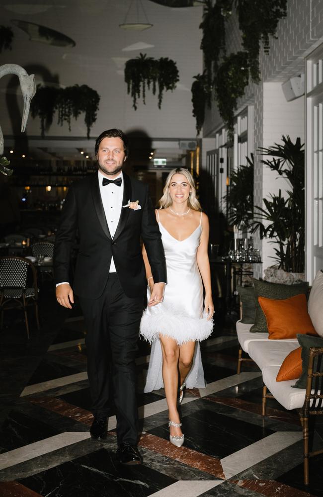 Priscilla Hajiantoni in her reception dress after wedding Jake Livock. Picture: Wild Romantic Photography