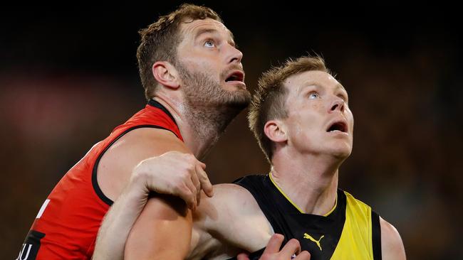 Essendon’s Tom Bellchambers and Richmond’s Jack Riewoldt tussle at the MCG last night. Picture: Adam Trafford/Getty Images