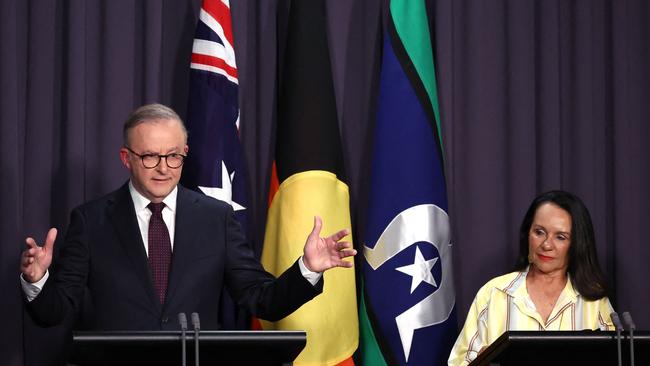 Prime Minister Anthony Albanese and Minister for Indigenous Australians Linda Burney at a media conference at Parliament House in Canberra on Saturday night. Picture: David Gray/AFP