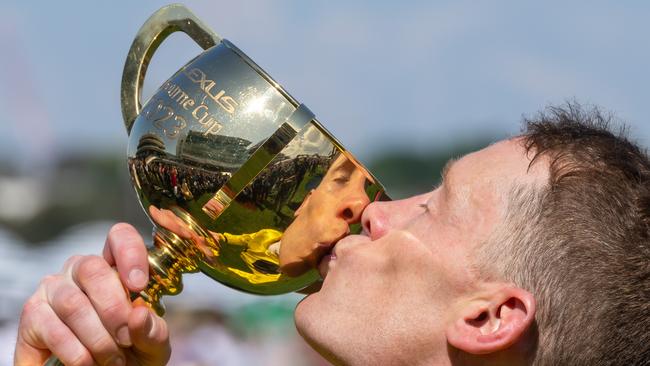 Melbourne Cup-winning jockey Mark Zahra celebrates his 2023 win on Without a Fight. Picture: Jay Town