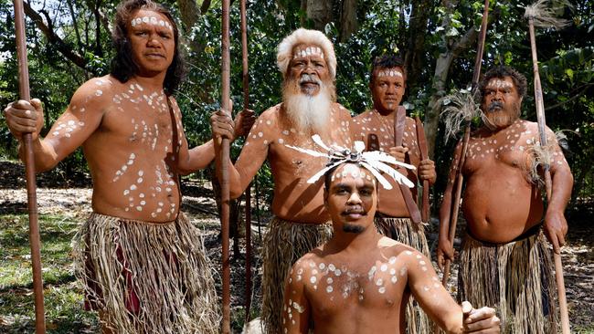 The Quinkan dancers will work with traditional owners to return the 2023 Laura Quinkan dance festival back to its traditional roots. Leelan Snider, Walter Snider, Zion Snider (crouching), Nash Snider and Joe Snider from Mona Mona will open next year's dance festival. Picture Brendan Radke