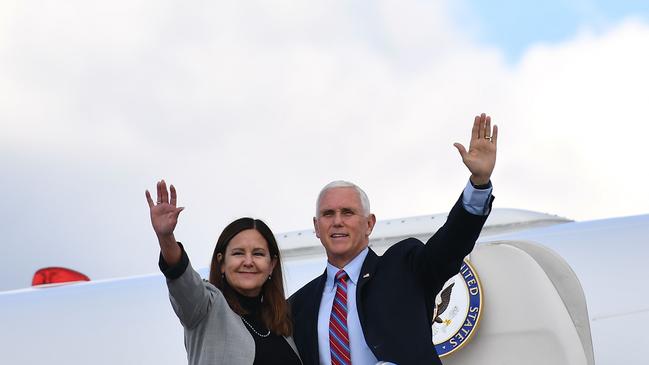 US Vice President Mike Pence and his wife Karen depart Andrews Air Force Base in Maryland on October 5. Picture: AFP