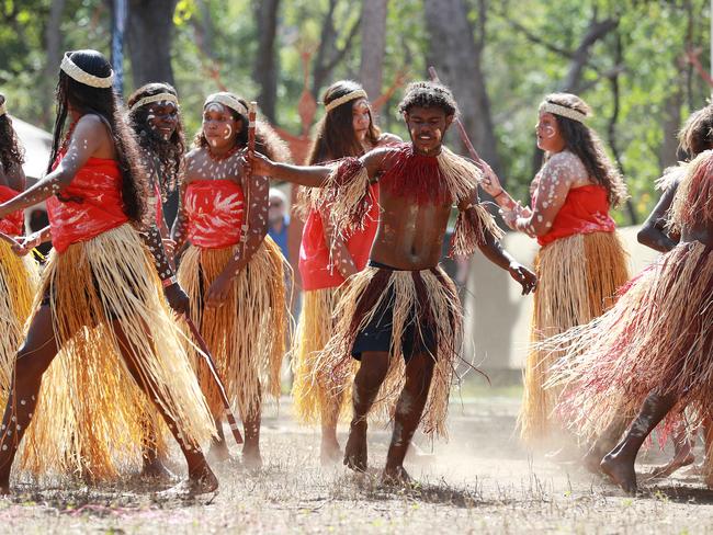 The Lockhart River dancers perform near the township of Laura on the Cape York Peninsula. Picture: Brendan Radke