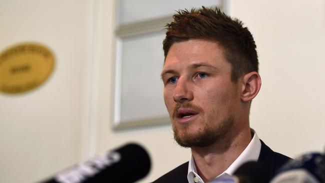 Cricketer Cameron Bancroft speaks at a press conference at the Western Australian Cricket Association ground in Perth on March 29, 2018. An emotional Cameron Bancroft asked for forgiveness on March 29 over his part in a ball-tampering scandal, saying he was ashamed of himself, but refused to comment on the role David Warner played. / AFP PHOTO / Greg Wood / -- IMAGE RESTRICTED TO EDITORIAL USE - STRICTLY NO COMMERCIAL USE --