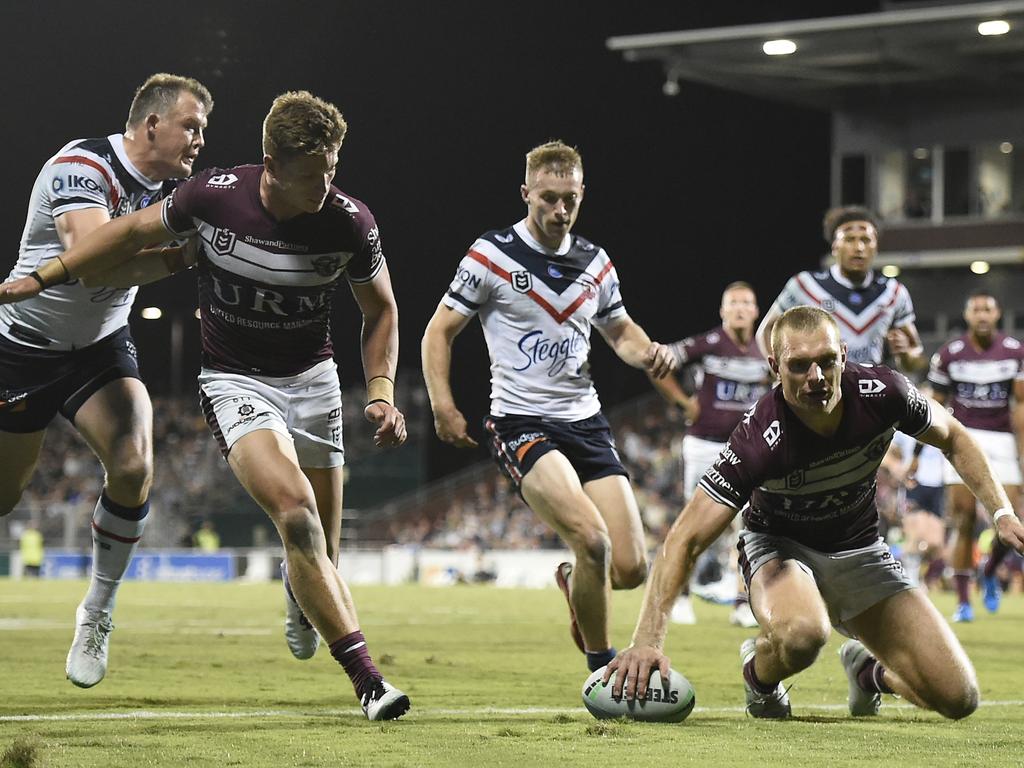 Tom Trbojevic of the Sea Eagles grounds the ball in the in-goal during the NRL Semi-Final match between the Manly Sea Eagles and the Sydney Roosters at BB Print Stadium on September 17, 2021 in Mackay, Australia. Picture: Matt Roberts