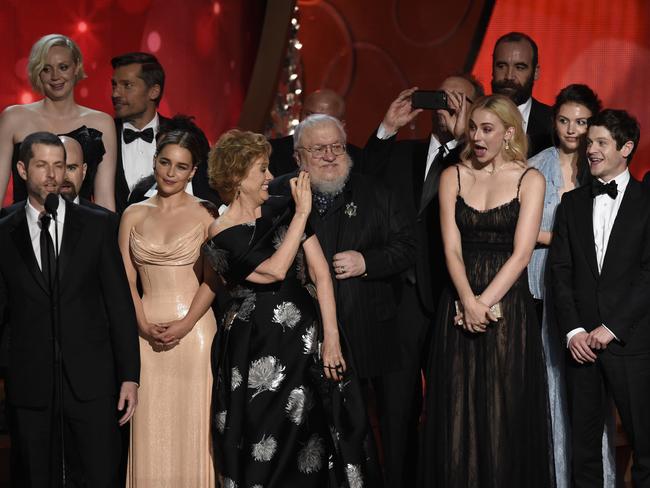 The cast and crew from Game of Thrones accept the award for outstanding drama series at the 68th Primetime Emmy Awards.