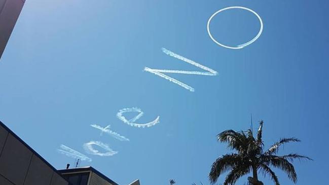 Skywriting that reads "Vote No" in support of the Same Sex Marriage "No" Campaign was seen above Sydney, New South Wales on Sunday. (Pic: Instagram)