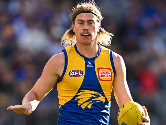 PERTH, AUSTRALIA - APRIL 18: Harley Reid of the Eagles settles play during the 2025 AFL Round 06 match between the West Coast Eagles and the Essendon Bombers at Optus Stadium on April 18, 2025 in Perth, Australia. (Photo by Daniel Carson/AFL Photos via Getty Images)