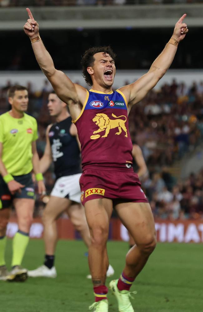 Cam Rayner celebrates a goal in the last quarter of the elimination final between the Brisbane Lions and Carlton at the Gabba. Picture Lachie Millard