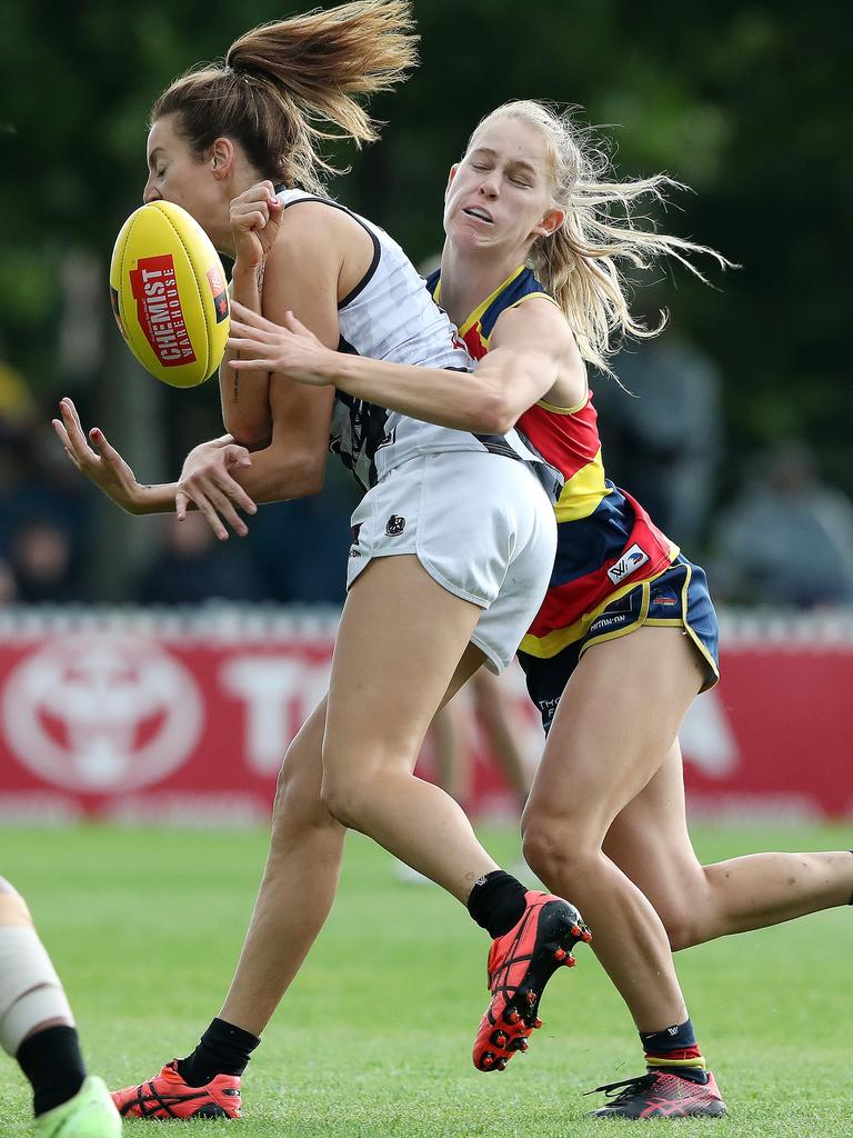 Teah Charlton (right), the Crows’ top AFLW draft pick from South Adelaide in 2020, in action against Collingwood. Picture: Sarah Reed/AFL Photos via Getty Images