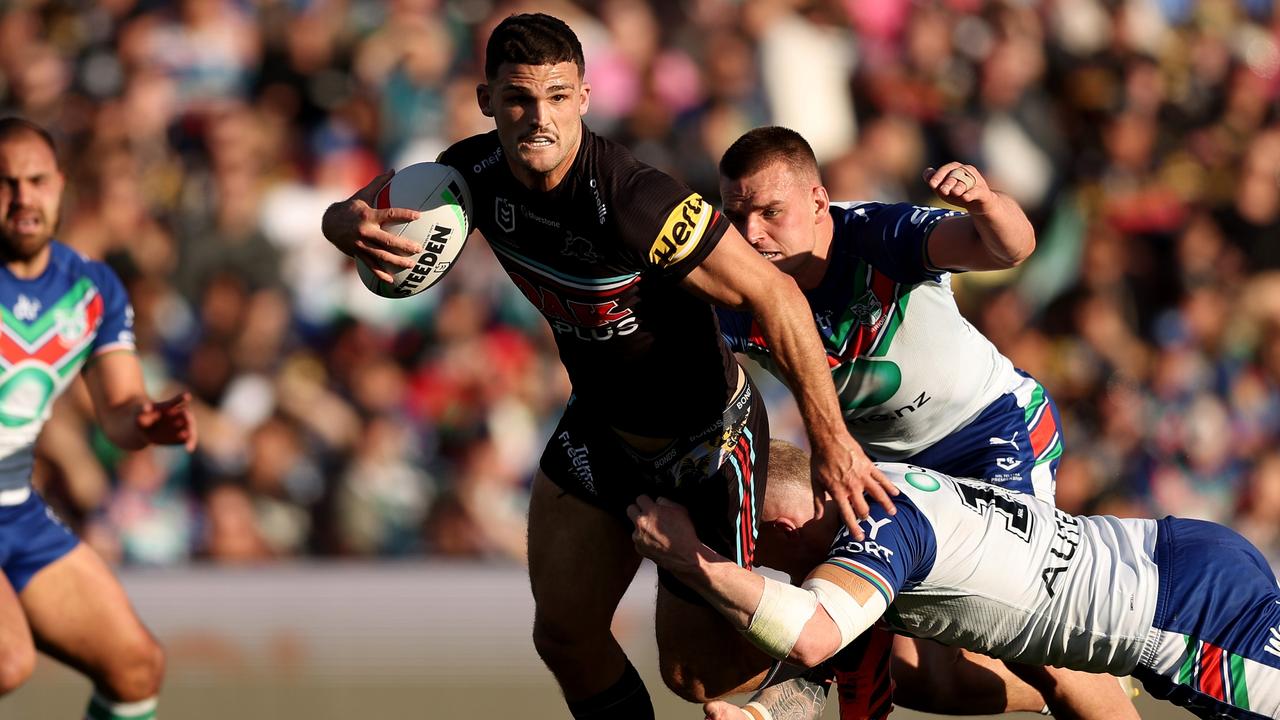 PENRITH, AUSTRALIA - SEPTEMBER 09: Nathan Cleary of the Panthers is tackled during the NRL Qualifying Final match between Penrith Panthers and New Zealand Warriors at BlueBet Stadium on September 09, 2023 in Penrith, Australia. (Photo by Matt King/Getty Images)