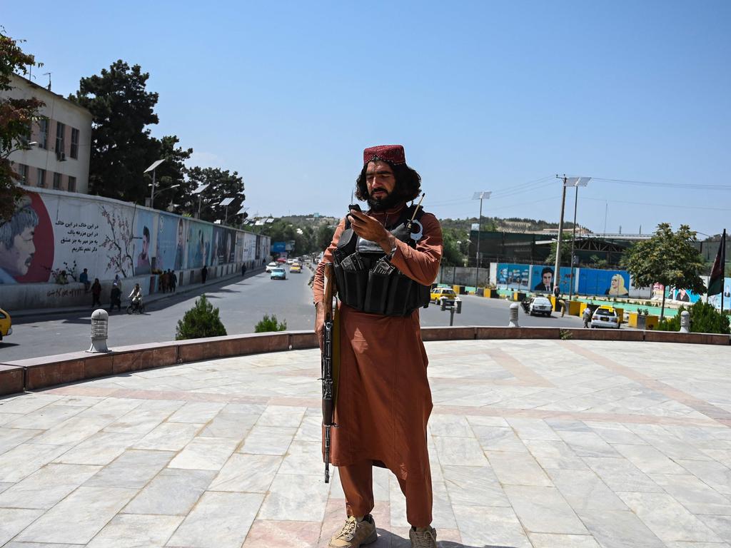 A Taliban fighter stands guard at the Massoud Square in Kabul. Picture: Wakil Kohsar