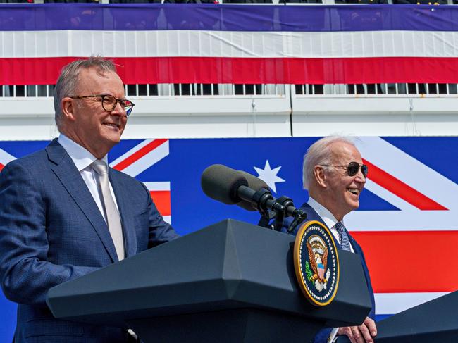 SAN DIEGO, CALIFORNIA - MARCH 13: Australian Prime Minister Anthony Albanese (L), US President Joe Biden (C) and British Prime Minister Rishi Sunak (R) hold a press conference after a trilateral meeting during the AUKUS summit on March 13, 2023 in San Diego, California. President Biden hosts British Prime Minister Rishi Sunak and Australian Prime Minister Anthony Albanese in San Diego for an AUKUS meeting to discuss the procurement of nuclear-powered submarines under a pact between the three nations. PIC: PMO