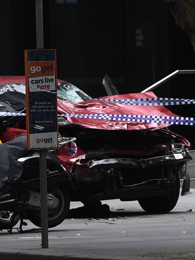 The damaged car after it was driven into a crowd in Melbourne's Bourke St Mall. Picture: AAP/Julian Smith