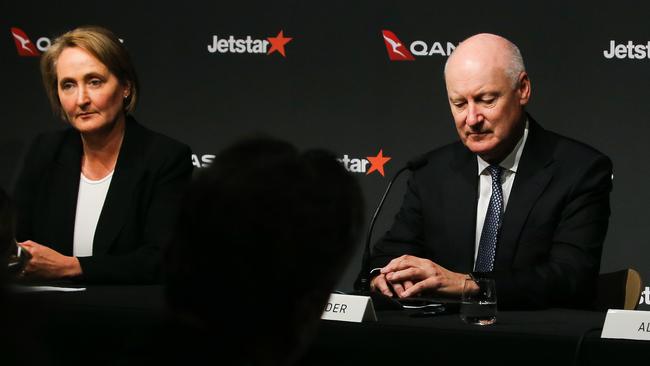 SYDNEY, AUSTRALIA - Newswire Photos -MAY 02 2023:  CEO designate and Chief Financial Officer Vanessa Hudson is joined by Qantas Group Chairman Richard Goyder and CEO Alan Joyce to address the media on the CEO succession plan announced today during a press conference at Qantas HQ in Sydney. Picture: NCA Newswire / Gaye Gerard