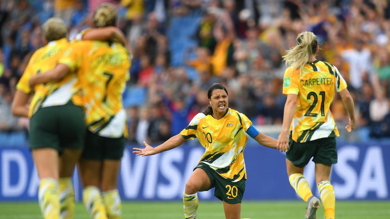 Sam Kerr and Ellie Carpenter celebrate following their side’s victory at FIFA Women's World Cup.