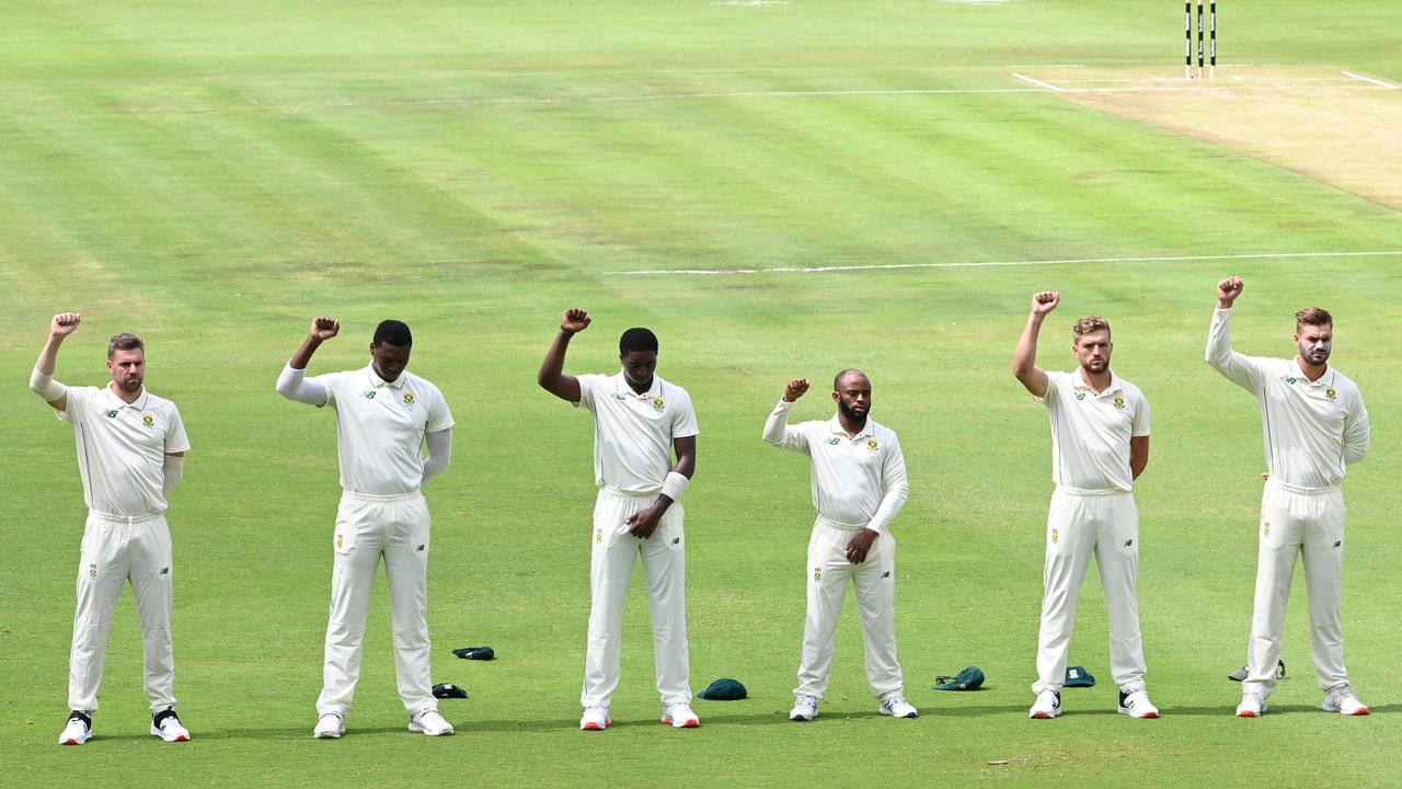 Proteas players raise their fists before playing Sri Lanka in December 2020.