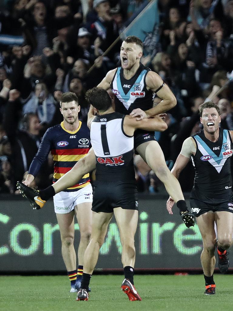 Robbie Gray celebrates his goal in the third quarter. Picture: Sarah Reed