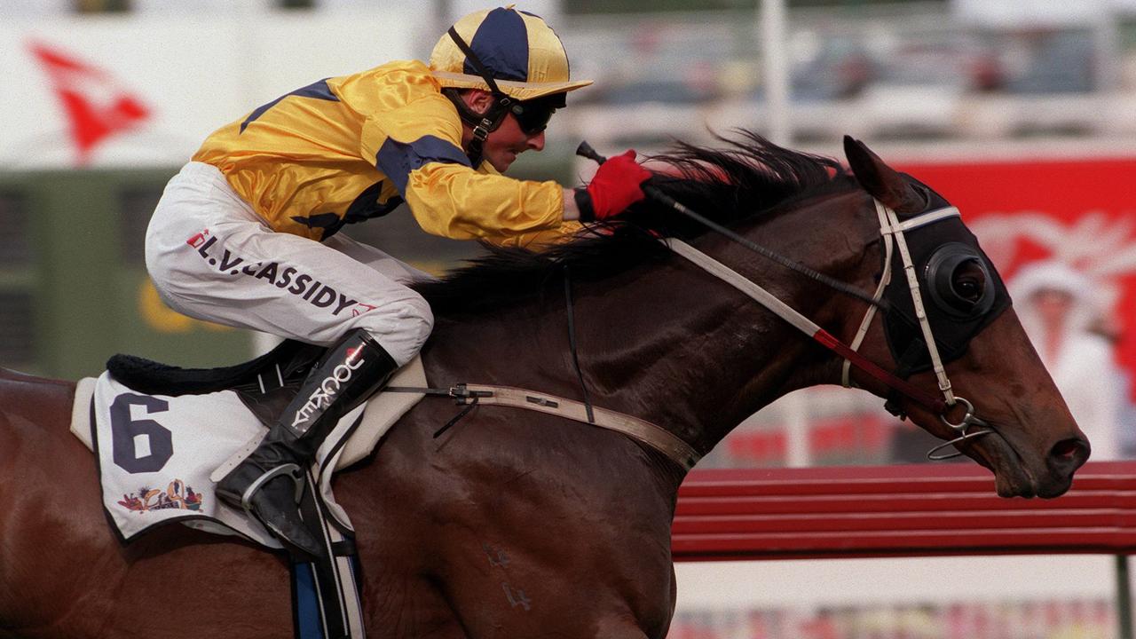 Racehorse Dane Ripper ridden by jockey Damien Oliver winning WS Cox Plate at Moonee Valley, 25/10/97.
  Turf A/CT